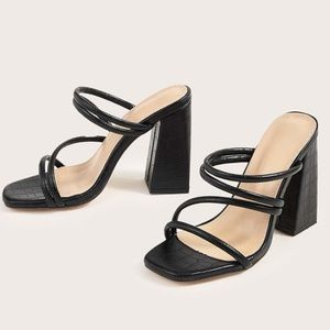 Black Croc Embossed Chunky Strappy Heel Mules